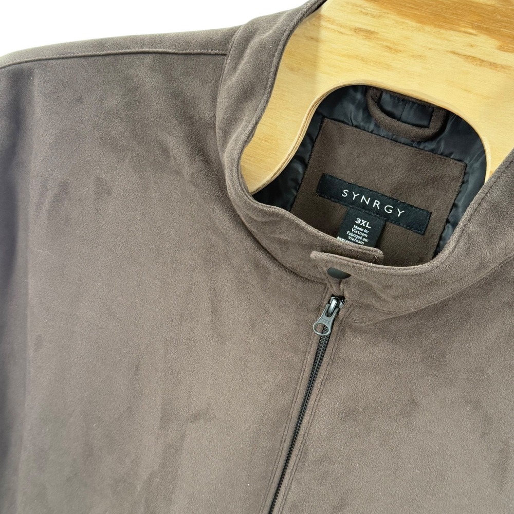 Synrgy Faux Suede Jacket Full Zip Bomber Style Brown Men's 3XL zipped pockets